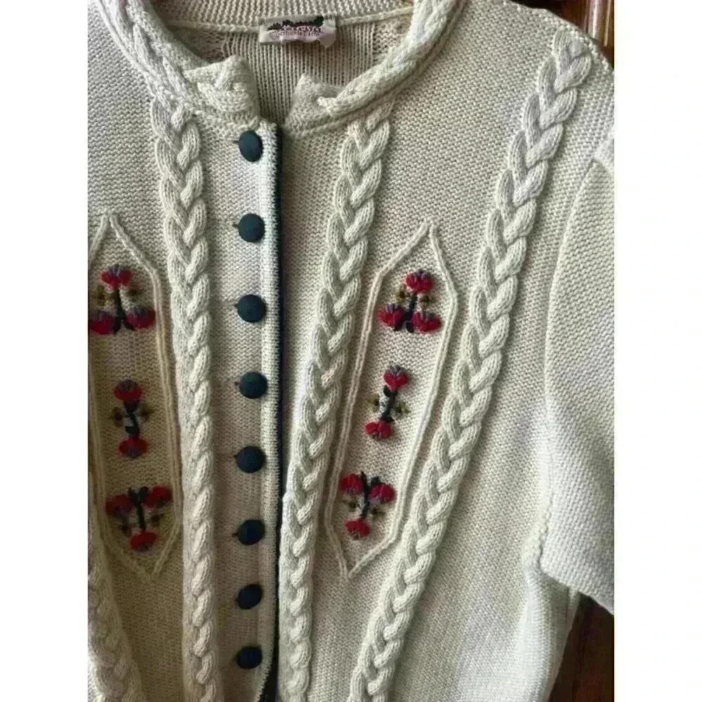 Vintage Astrifa Gestrickte Trach Holiday Cream Ivory Wool Cardigan Size 44 M/L - Picture 5 of 12